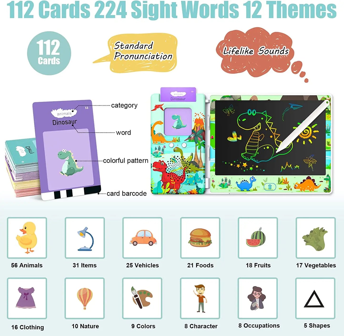 Talking Flash Cards with LCD Writing Tablet, Speech Therapy Toys for Toddlers, Autism Sensory Toys 224 Sight Words